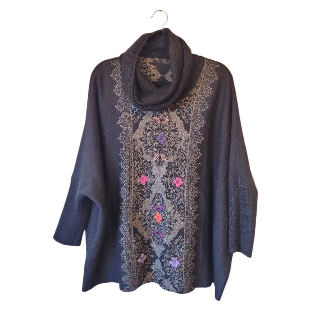 Floral Embroidered Black & Grey Reversible Poncho Sweater Women's OS